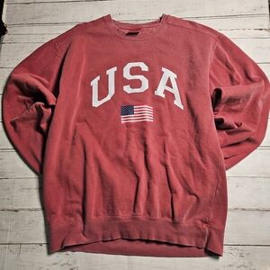Oversized USA Flag Sweatshirt Red Mineral Wash Graphic Crewneck Pullover‎ XL